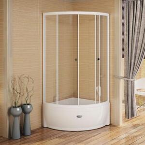 Душевой угол 100 (высокий поддон), стеклянные шторки (прозрачные), поддон на раме-подставке с устройством слива, фронтальная панель, профиль белый