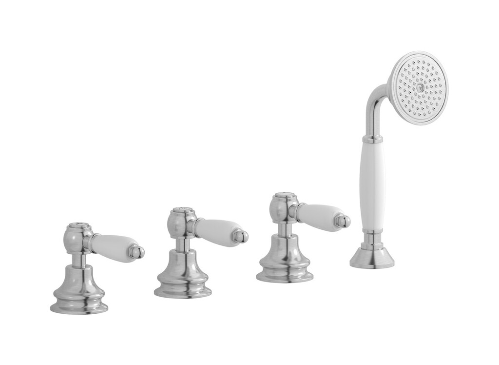 Смеситель на бортик ванной на 4 отверстия с изливом, дивертером и душевым гарнитуром. WE ARE IB hl397ss_2 Brushed Nickel Hermes