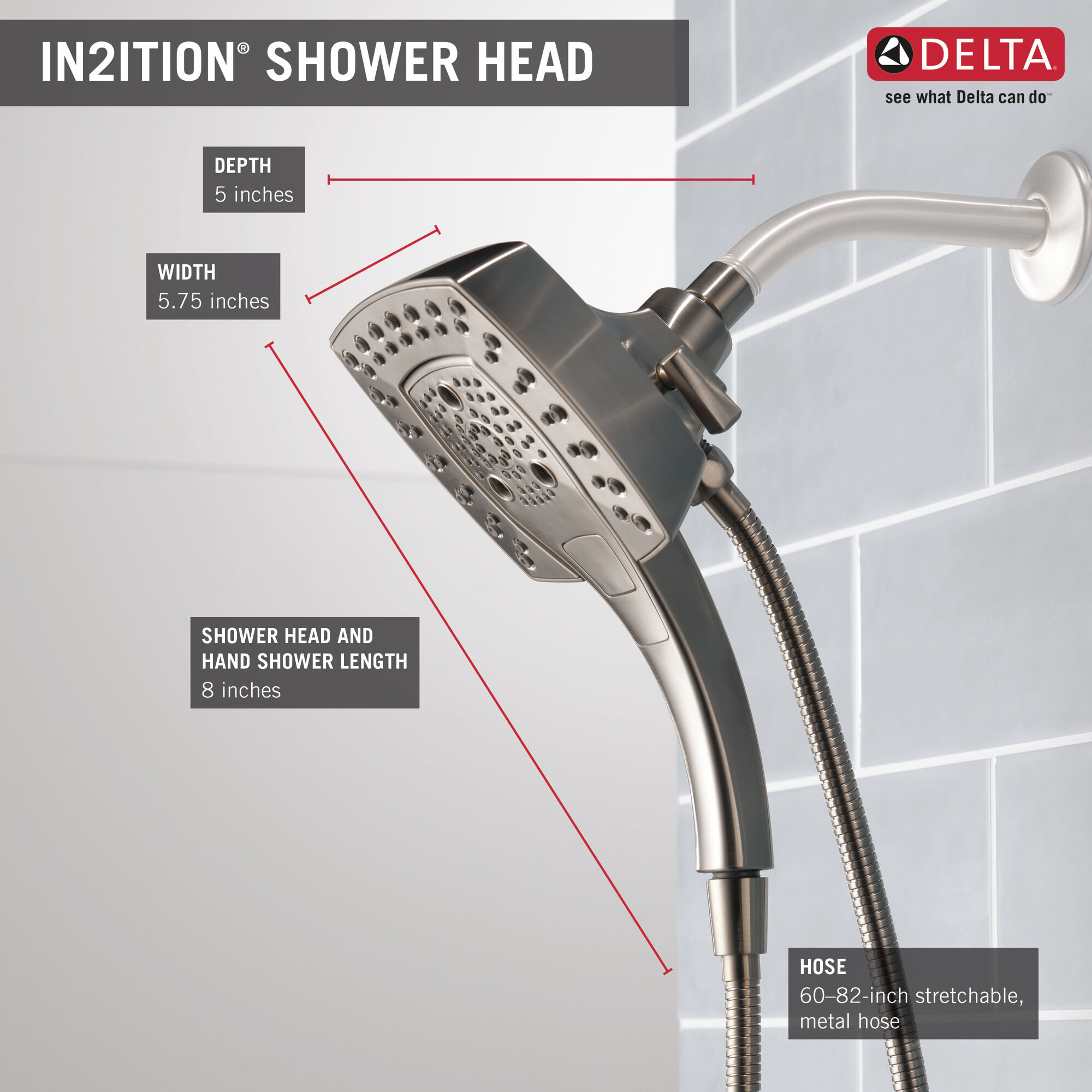 58474-SS H2Okinetic® In2ition® Душ два в одном с 5 настройками Delta Faucet Universal Showering Нержавеющая сталь  - Вид №9