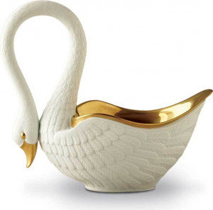 10571375 L’Objet Чаша 15х33см "Белый лебедь" (внутр. позолота) Фарфор