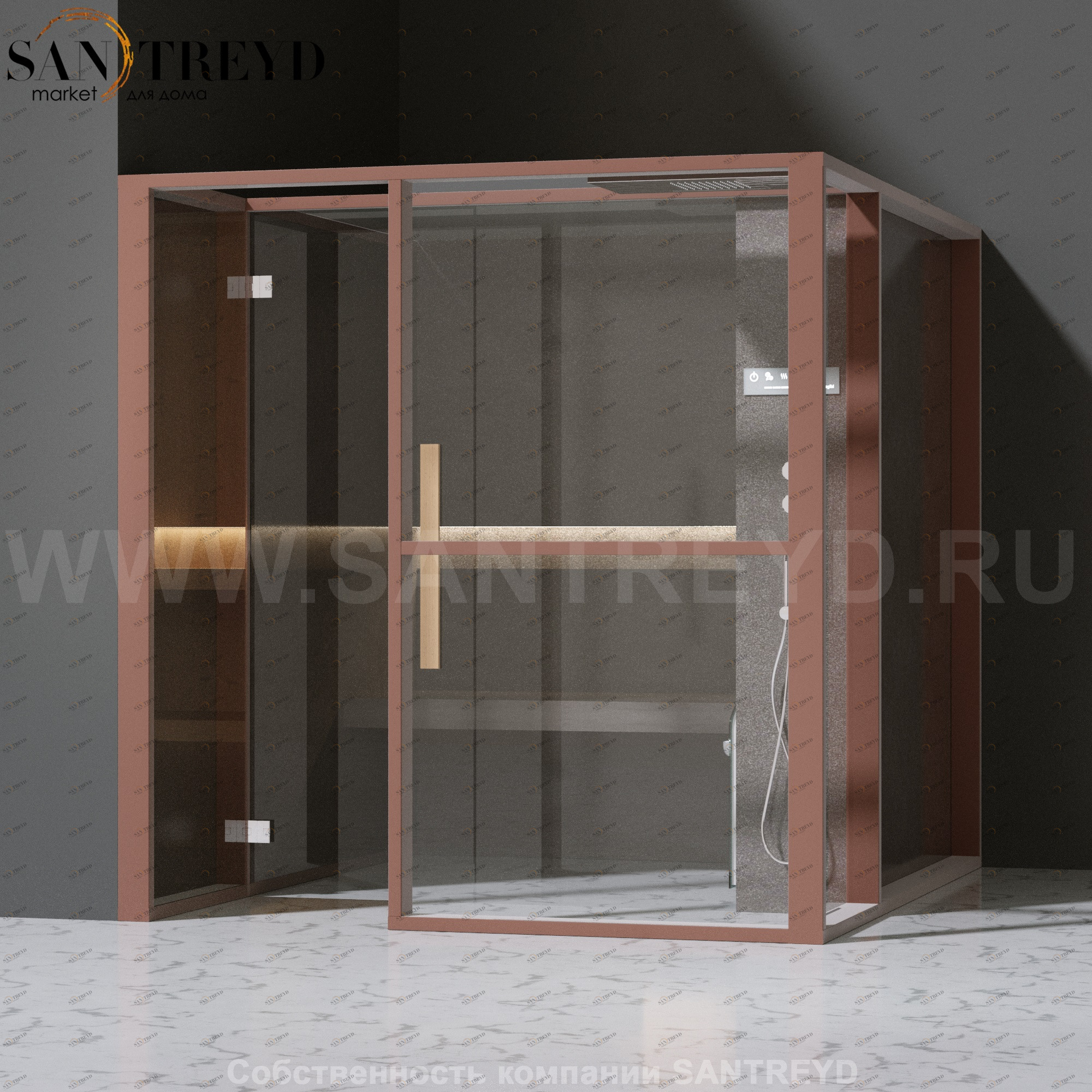 Effegibi LOGICAFILO H LO31030005 Хаммам. Установка: в левый угол. Правая дверь. Мощность: 4,5 кВт макс. Размеры: длина 214 см, ширина 250 см. Отделка: матовый лакированный коричневый аллюминий и темный ламинат из керамогранита.