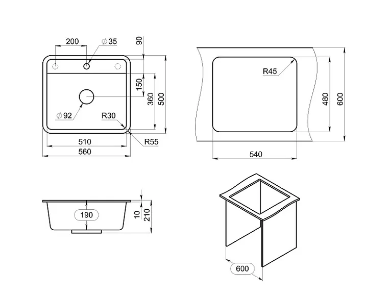 5601, ЧЁРНЫЙ, кухонная мойка, СтандАРТ кварц GRANULA Standart 5601-ST38 - Вид №2