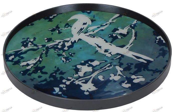 Ethnicraft Круглый поднос из дерева и стекла Ocean blue 20345