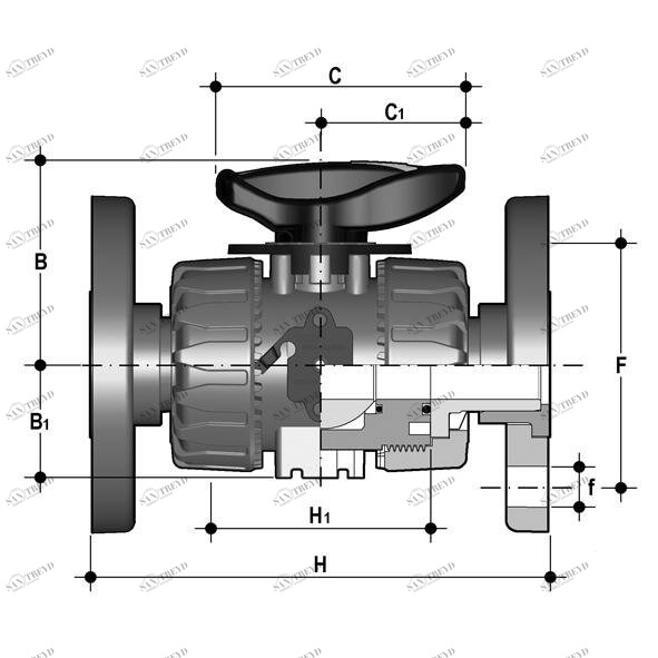 SANIT 661113 2-ходовой шаровой кран d20-63, VKR DualBlock®, PP, фиксированный фланец, FPM 