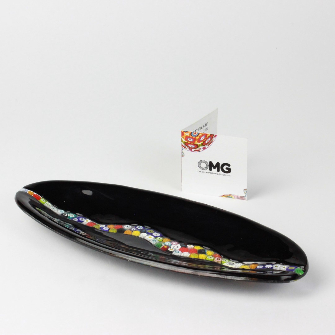 1638 ORIGINALMURANOGLASS Овальное блюдце Миллефиори - чёрное - муранское стекло 28 см  - Вид №1