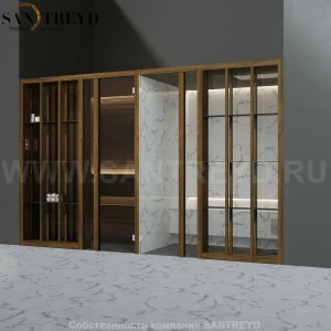 Effegibi YOKU.S SH YO.10310001 Комбинированная баня: хаммам и сауна. Установка: в нишу. Мощность: 10,5 кВт макс. Размеры: длина 342 см, ширина 170 см. Отделка: чёрный орех и светлый керамогранит