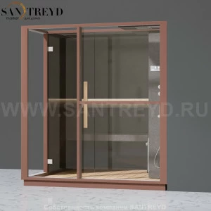 Effegibi LOGICA H LO30030007 Хаммам. Установка: в правый угол. Правая дверь. Мощность: 4,5 кВт макс. Размеры: длина 214 см, ширина 250 см. Отделка: матовый лакированный коричневый аллюминий и темный ламинат из керамогранита.