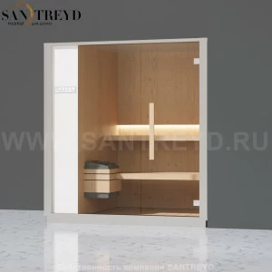 Effegibi ONE S LO50020008 Сауна. Установка: в правый угол. Левая дверь. Мощность: 6 кВт макс. Размеры: длина 214 см, ширина 171 см. Отделка: канадский хемлок, матовый лакированный серый аллюминий и бежевый ламинат из керамогранита.