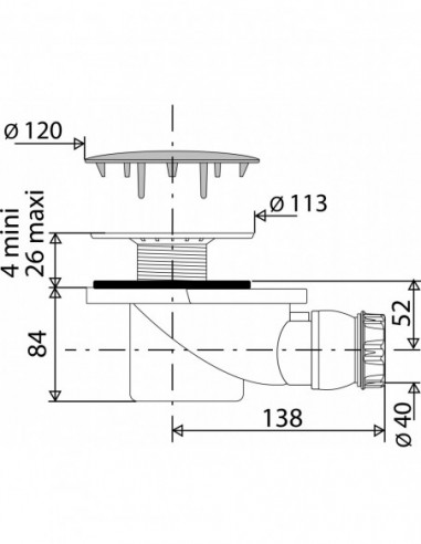 577200 000 00  Сифон для душевого поддона Д. 90 мм, круглая металлическая крышка, выход горизонтальный, очень высокий поток, NF, хромированный Valentin Хром  - Вид №2