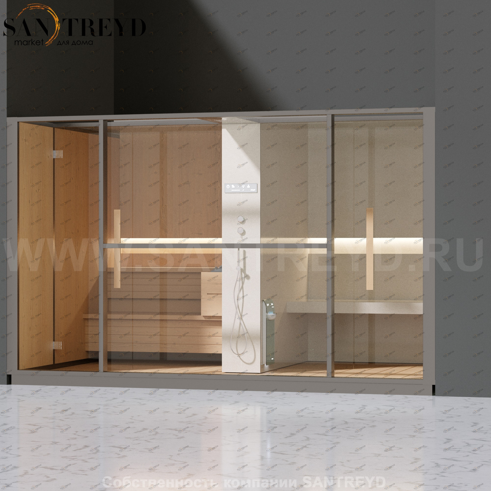 Effegibi LOGICA LO10010008 Комбинированная баня: хаммам и сауна. Установка: в нишу. Мощность: 10,5 кВт макс. Размеры: длина 373 см, ширина 250 см. Отделка: канадский хемлок, матовый лакированный серый аллюминий и бежевый ламинат из керамогранита.