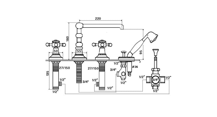 Набор для ванны с 4 отверстиями и ручным душем rvb 1920-1921 ARCH-00025255 - Вид №1