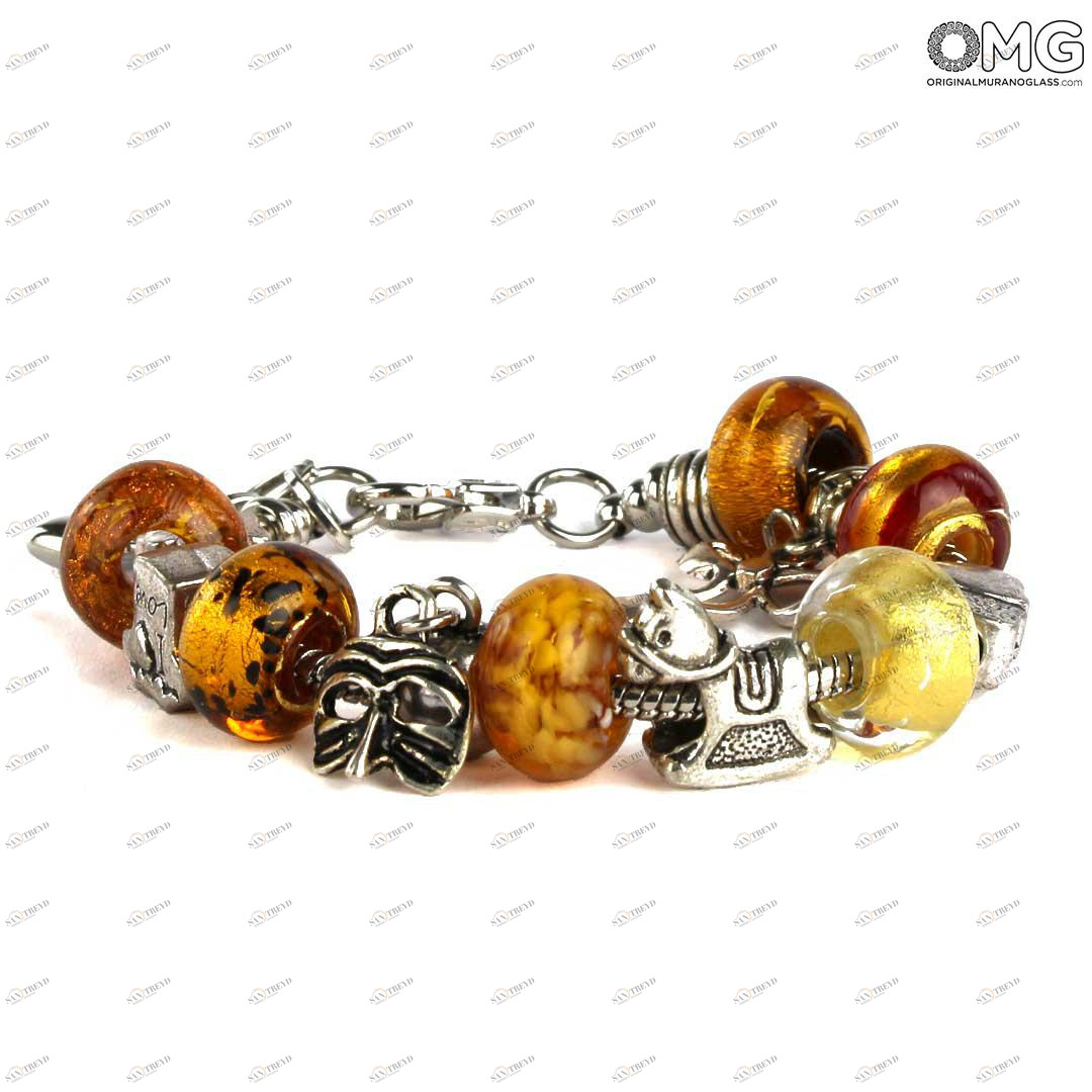 3730 ORIGINALMURANOGLASS Браслет в стиле Pandora с янтарными бусинами - муранское стекло OMG 23 см 