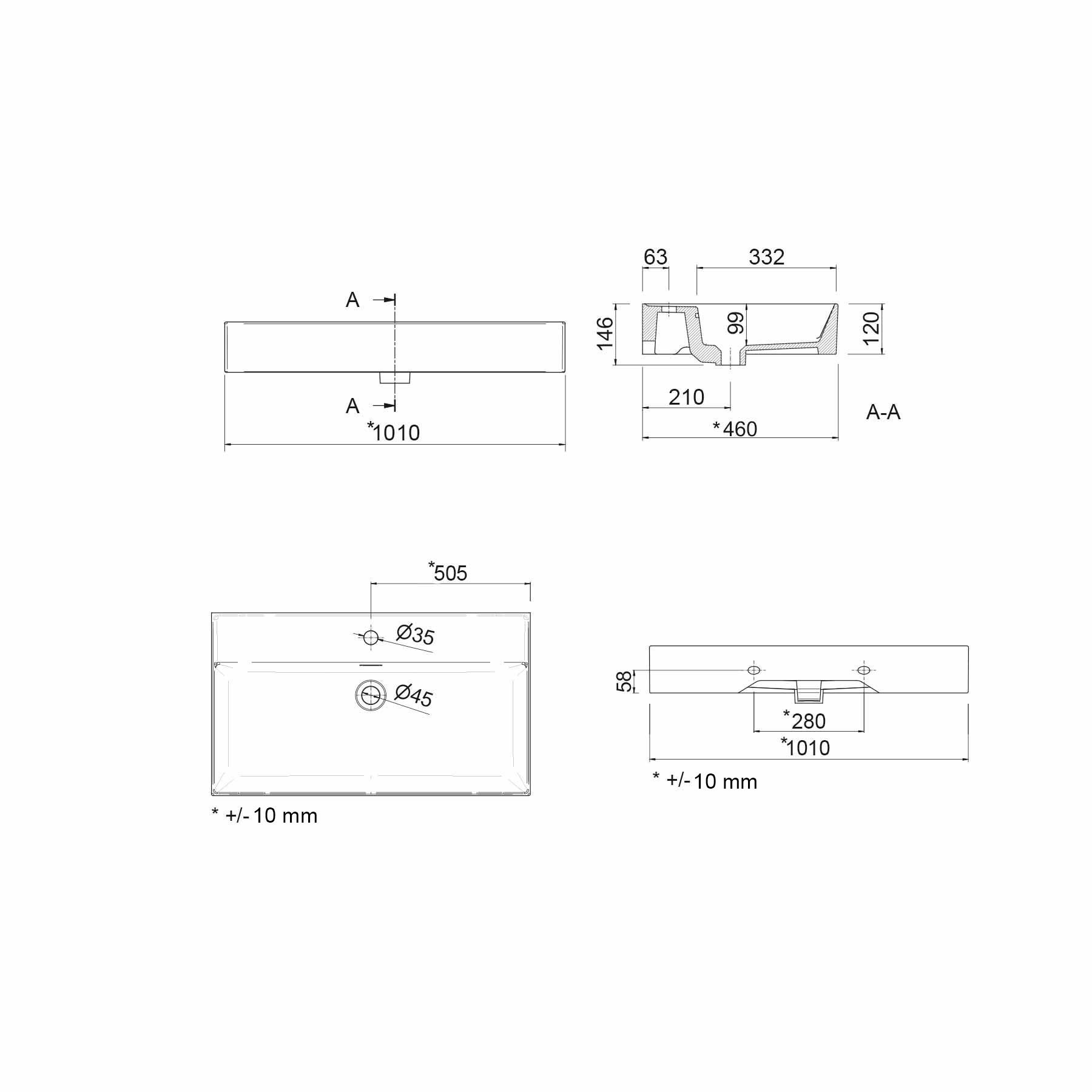 23397 SALGAR Раковина VENETO 1010 1 раковина БЕЛЫЙ ФАРФОР 1010 x 120 x 460 мм - Вид №3