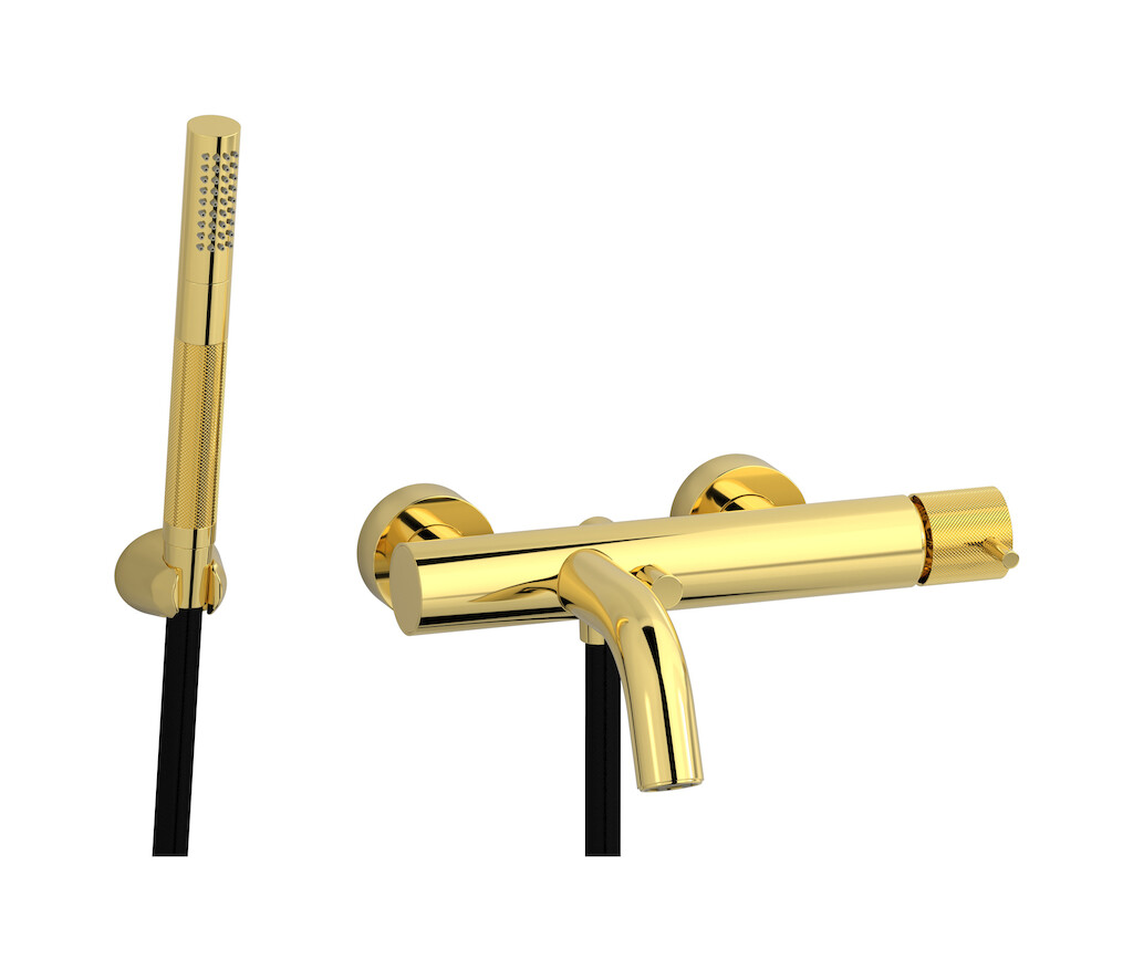 Настенный смеситель для ванной в комплекте с душевым гарнитуром. WE ARE IB id250oo Gold Industria