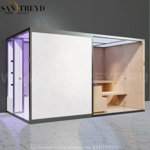 Effegibi BODYLOVE SH BL45110008 Боковая комбинированная баня: хаммам и сауна. Установка: к стене. Мощность: 15 кВт макс. Размеры: длина 393 см, ширина 176 см. Отделка: канадский хемлок, светлый керамогранит.