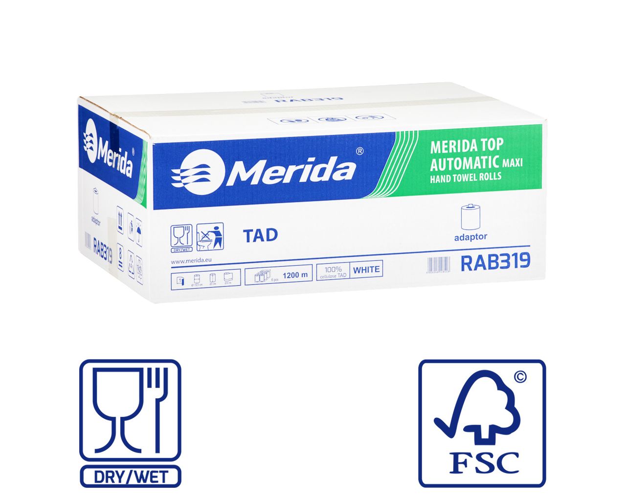 RAB319 Бумажные полотенца в рулоне с адаптером TOP TAD AUTOMATIC MAXI, белые, диаметр 19,5 см, длина 200 м, однослойные, 6 рулонов в коробке Merida 