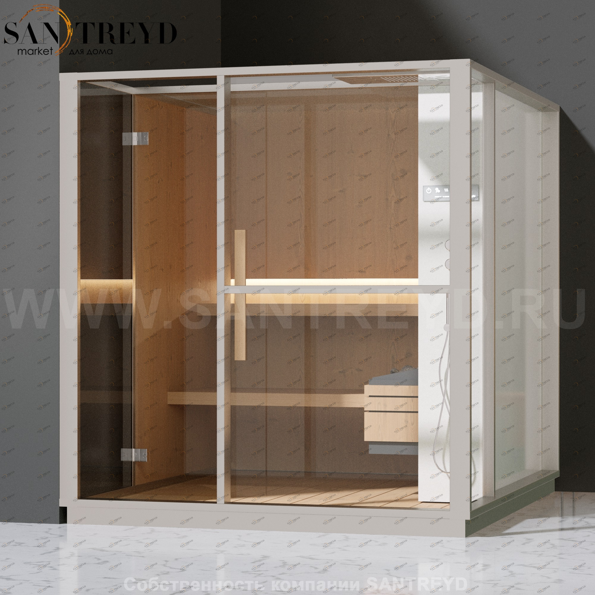 Effegibi LOGICA S LO20020005 Сауна. Установка: в левый угол. Правая дверь. Мощность: 6 кВт макс. Размеры: длина 214 см, ширина 250 см. Отделка: канадский хемлок, матовый лакированный белый аллюминий и серый ламинат из керамогранита.