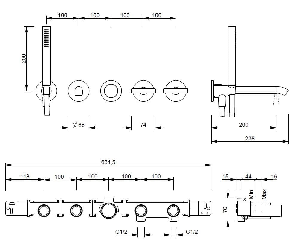 Настенный смеситель для ванны с 5 отверстиями Fantini Rubinetti Sailing ARCH-00071689 - Вид №2