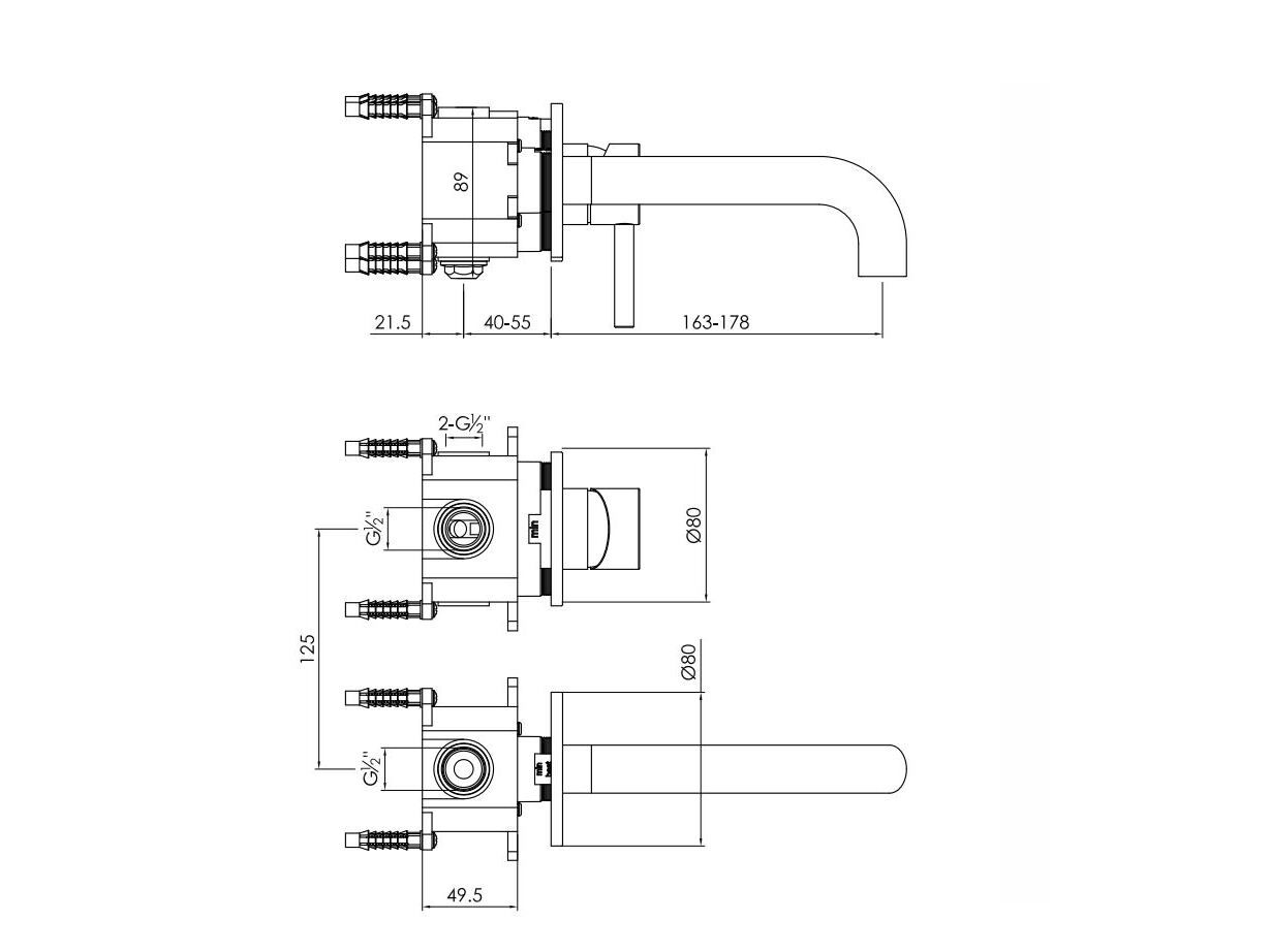 Настенный смеситель для раковины из нержавеющей стали с 2 отверстиями JEE-O SLIMLINE WALL BASIN MIXER 90 ARCH-00036098 - Вид №2
