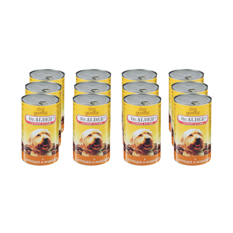 ПР0039853*12 Корм для собак Дог Гарант сочные кусочки в соусе Курица, индейка конс. 1230г (упаковка - 12 шт) Dr. ALDER`s 