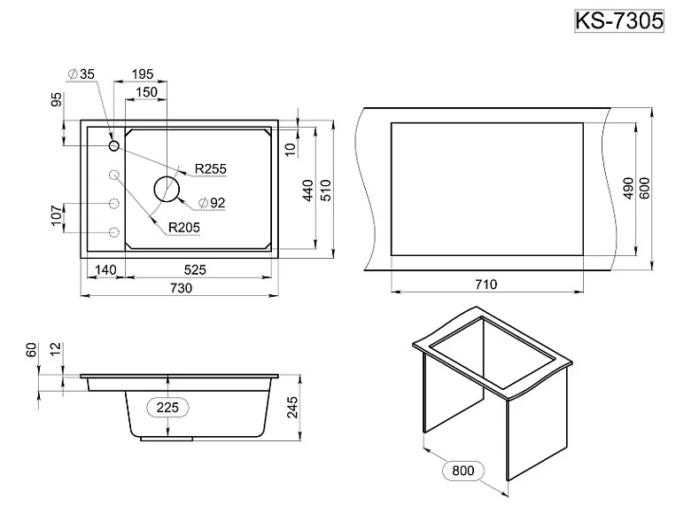 KS-7305, ЧЁРНЫЙ, кухонная мойка, кварц GRANULA 7305-ST318 - Вид №3