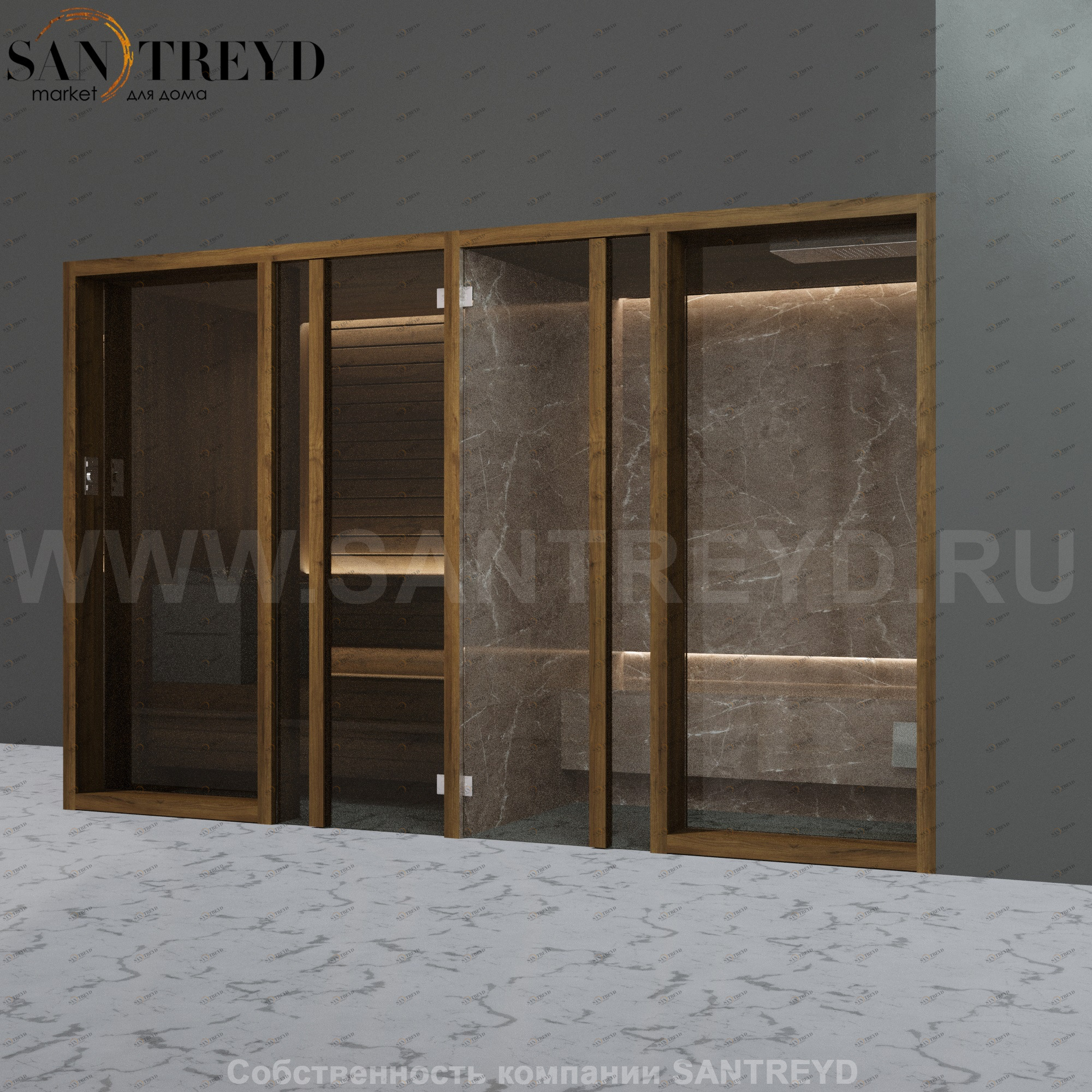 Effegibi YOKU.G SH YO.30320002 Комбинированная баня: хаммам и сауна. Установка: в правый угол. Мощность: 10,5 кВт макс. Размеры: длина 342 см, ширина 170 см. Отделка: чёрный орех и темный керамогранит YO30320002