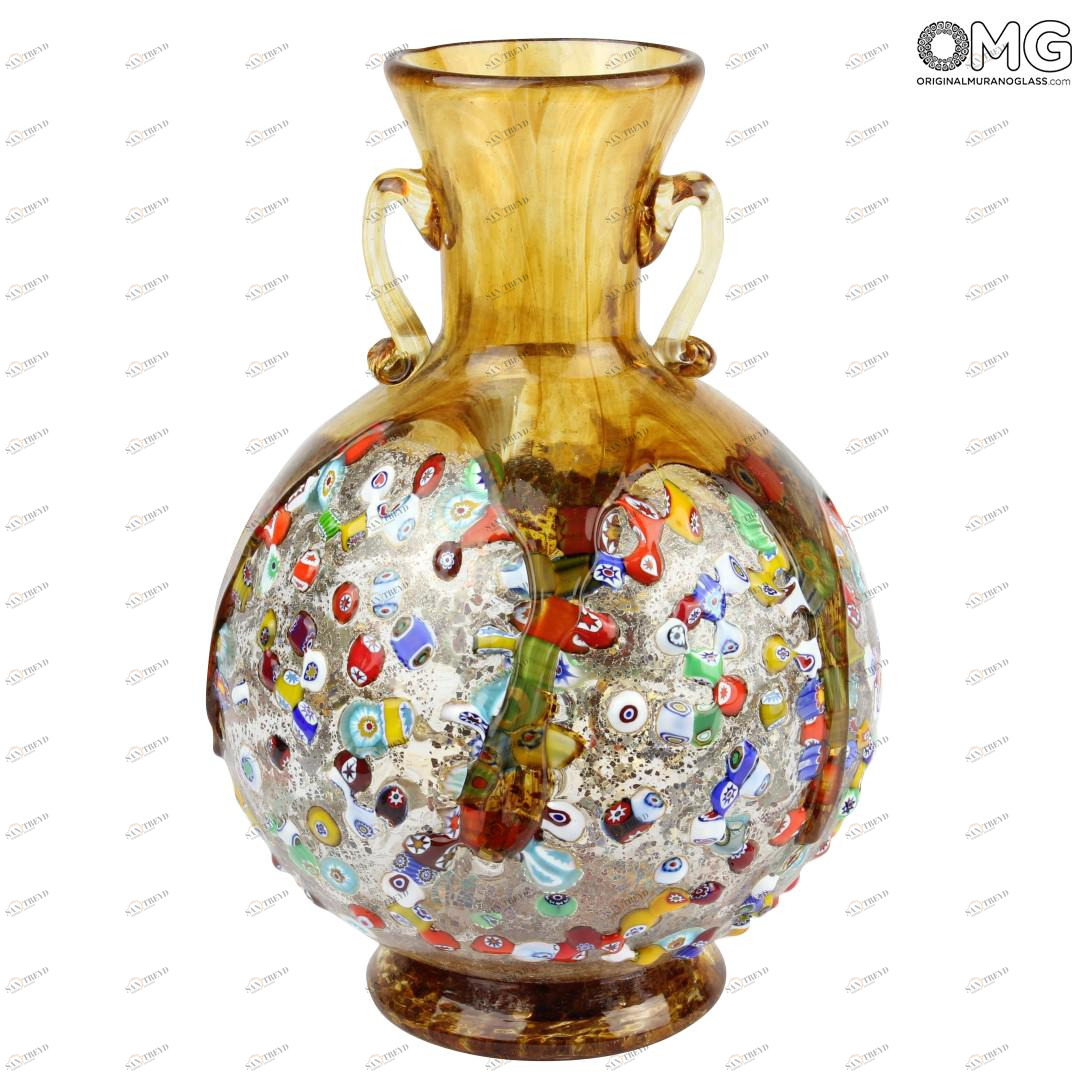 2167 ORIGINALMURANOGLASS Ваза-амфора янтарного цвета с мурринами миллефиори из муранского стекла  см 