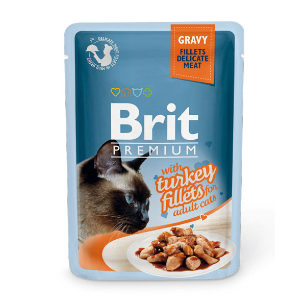 ПР0047467 Корм для кошек Premium Cat Gravy Кусочки из филе индейки в соусе пауч 85г Brit 