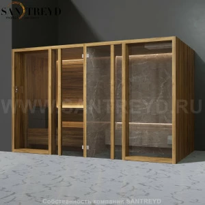 Effegibi YOKU.G SH YO.30220003 Комбинированная баня: хаммам и сауна. Установка: в левый угол. Мощность: 10,5 кВт макс. Размеры: длина 342 см, ширина 170 см. Отделка: термообработанное дерево и темный керамогранит