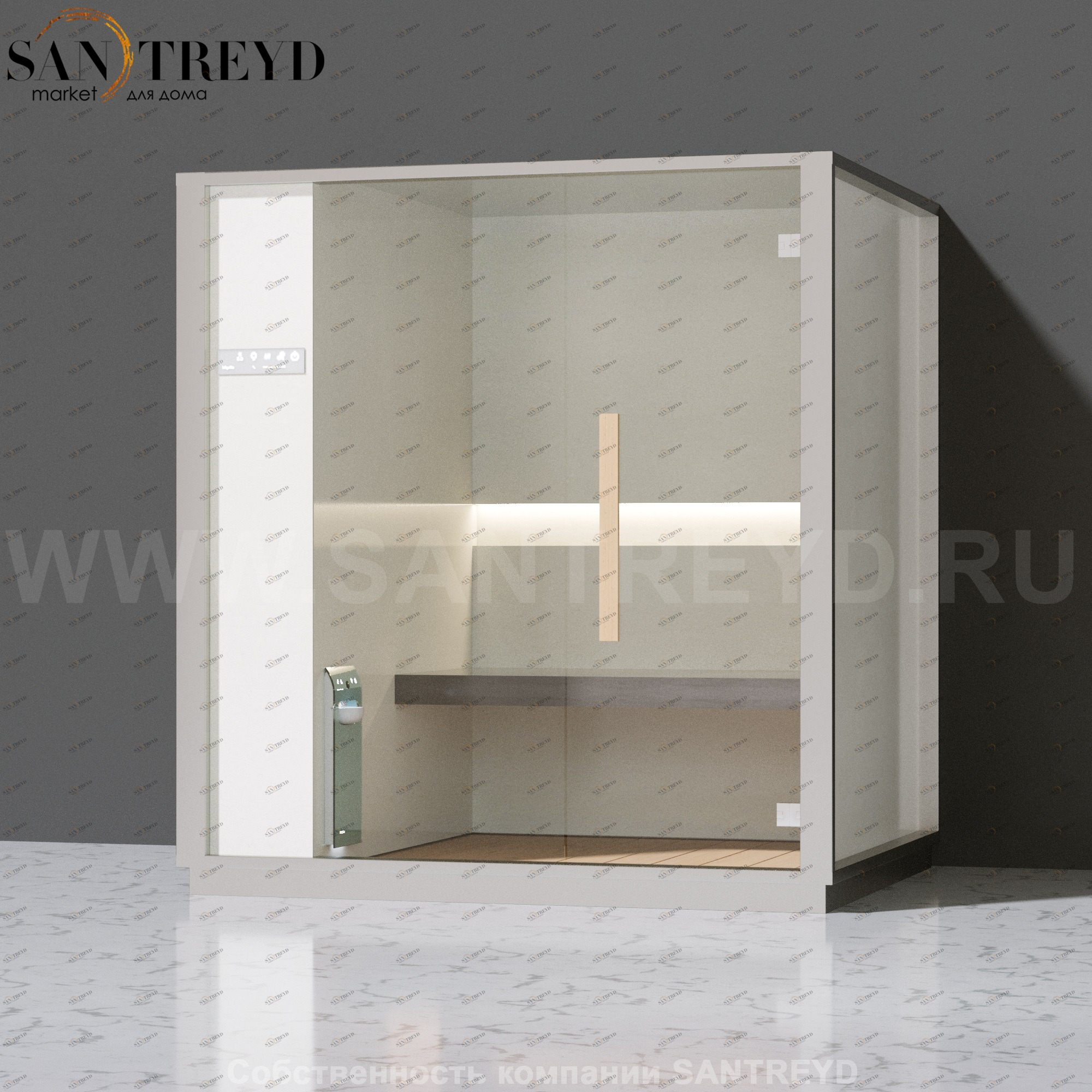 Effegibi ONE H LO60020002 Хаммам. Установка: к стене. Левая дверь. Мощность: 4,5 кВт макс. Размеры: длина 214 см, ширина 171 см. Отделка: матовый лакированный белый аллюминий и серый ламинат из керамогранита.