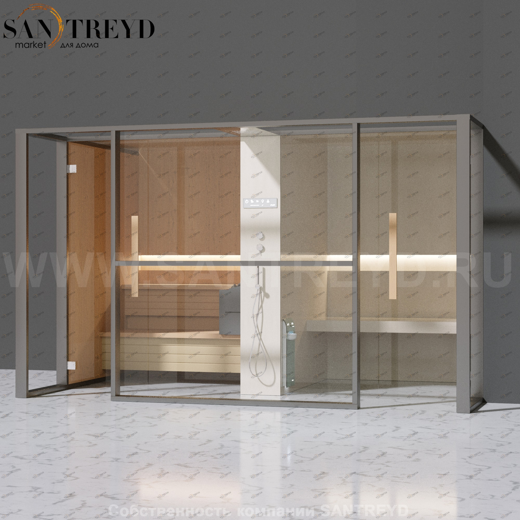 Effegibi LOGICAFILO LO11010011 Комбинированная баня: хаммам и сауна. Установка: в правый  полуугол. Мощность: 10,5 кВт макс. Размеры: длина 373 см, ширина 250 см. Отделка: канадский хемлок, матовый лакированный серый аллюминий и бежевый ламинат из керамог