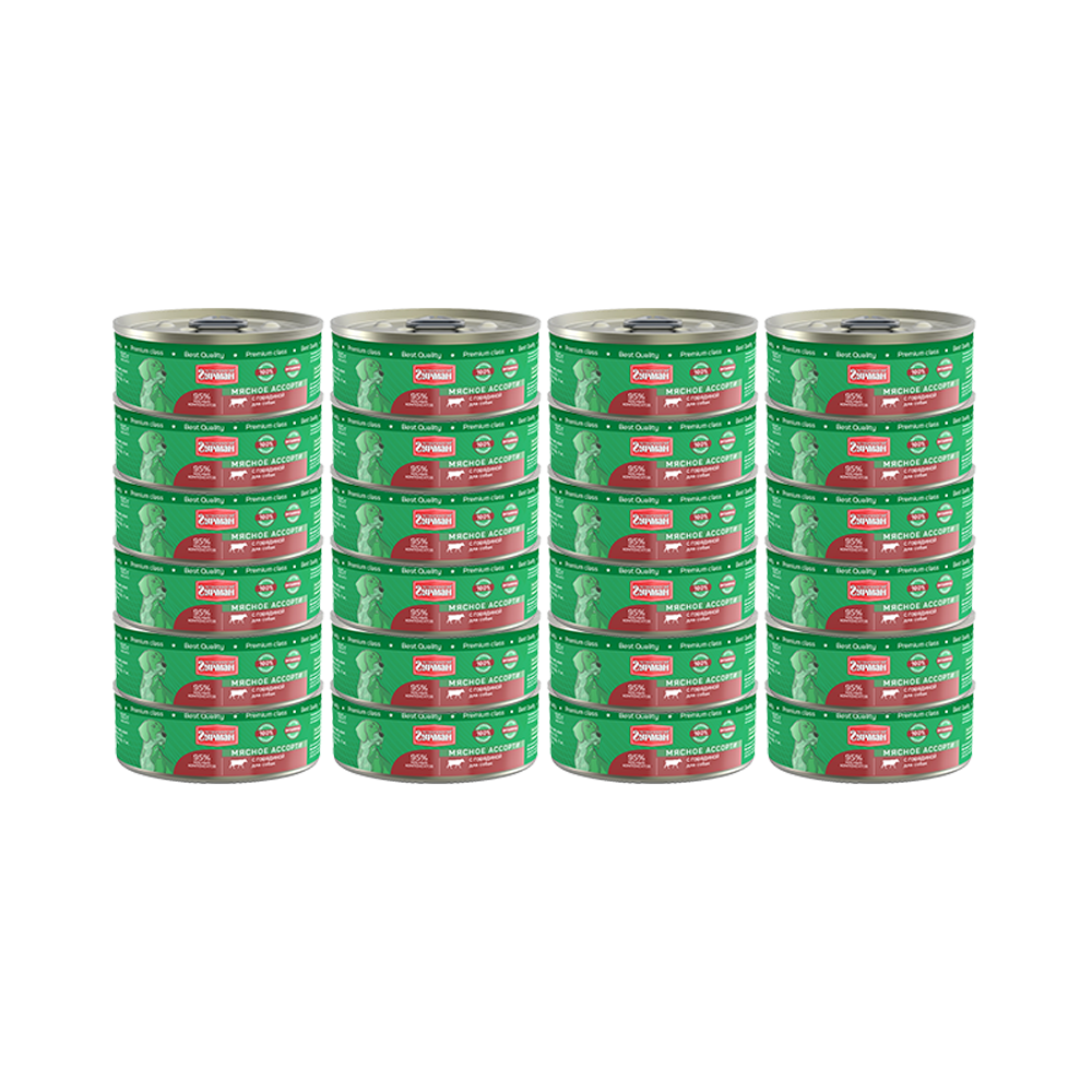 Т0055551*24 Корм для собак Мясное ассорти говядина, с кольцом конс.100г (упаковка - 24 шт) ЧЕТВЕРОНОГИЙ ГУРМАН 