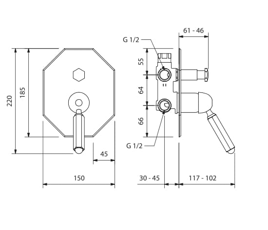 Встраиваемый смеситель для душа с 2 отверстиями и переключателем Park Avenue Dark White ARCH-00034933 - Вид №2