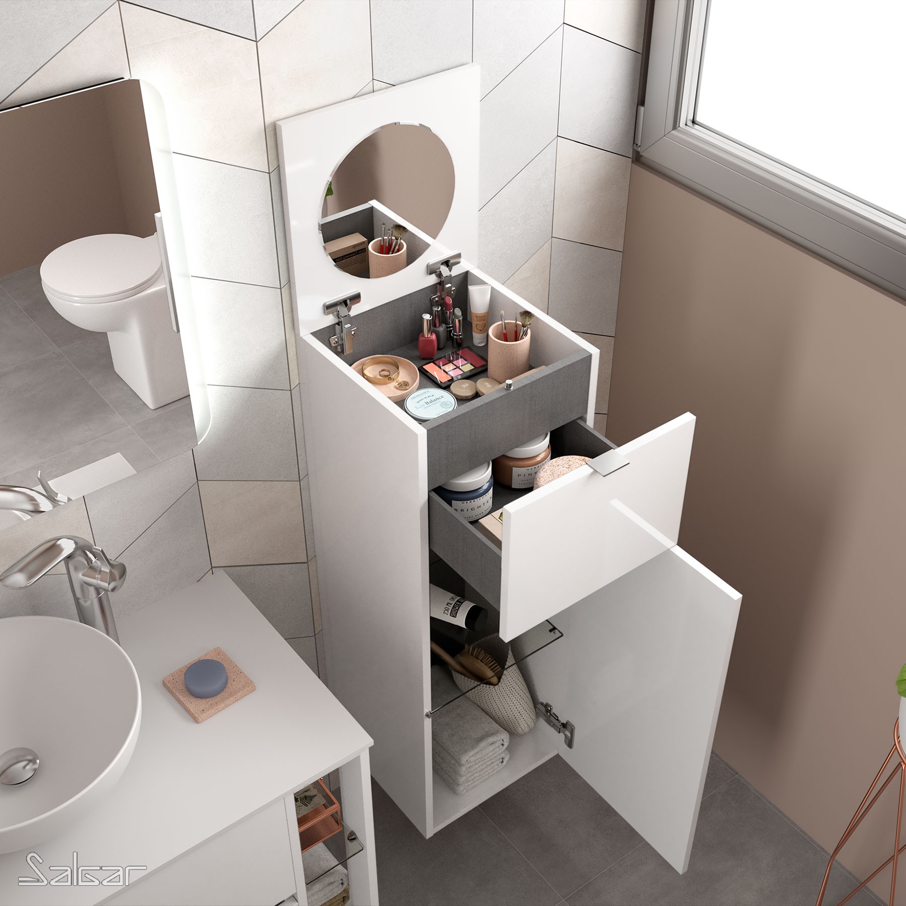 83441 SALGAR Комод ALLIANCE GLOSS WHITE с дверным ящиком и складным зеркалом 352 x 1000 x 360 мм Глянцевый белый  - Вид №1