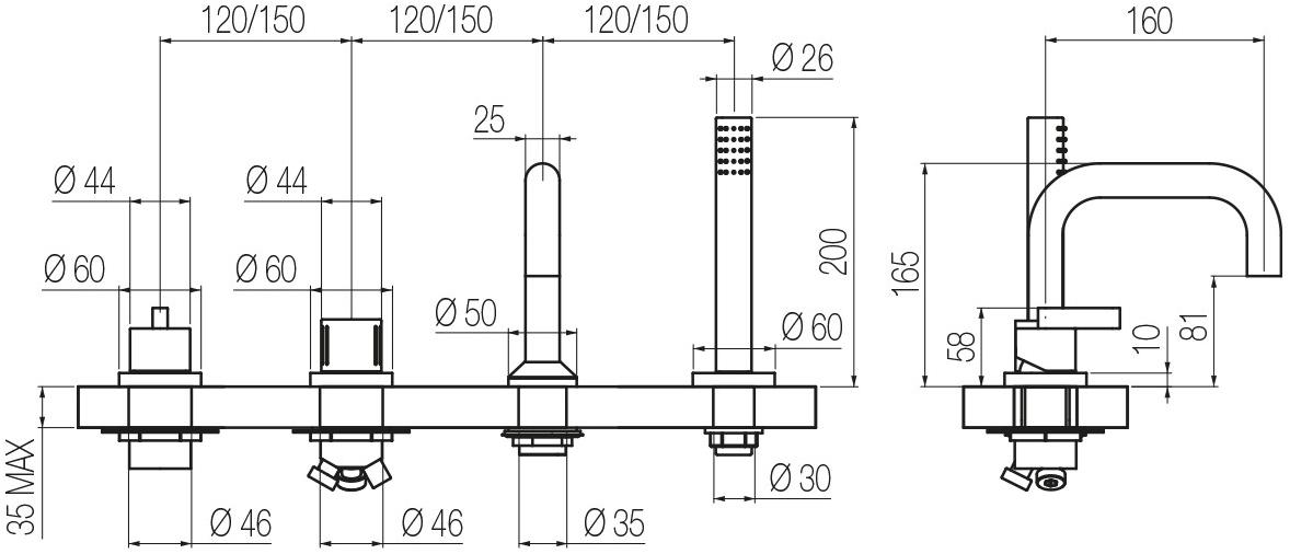 GEDA Смеситель из латуни на 4 отверстия с переключателем и ручным душем Koè B4k Santreyd - Вид №1