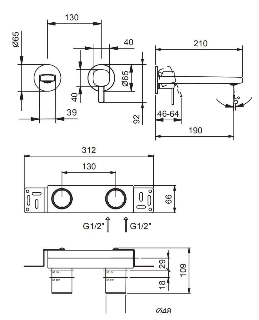 Настенный смеситель для раковины с 2 отверстиями Fantini Rubinetti Lamè ARCH-00118117 - Вид №2