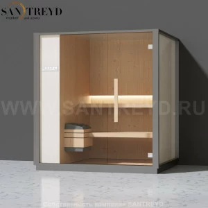 Effegibi ONE S LO50010002 Сауна. Установка: к стене. Левая дверь. Мощность: 6 кВт макс. Размеры: длина 214 см, ширина 171 см. Отделка: канадский хемлок, матовый лакированный серый аллюминий и бежевый ламинат из керамогранита.