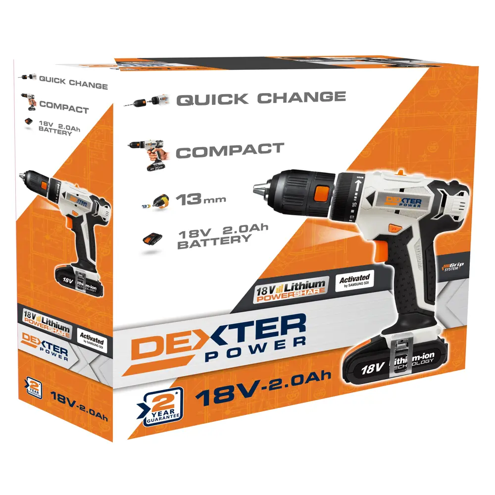 Дрель-шуруповерт аккумуляторная Dexter Power CDT219LD.4, 18 В Li-ion 2 Ач STLM-2047758 - Вид №5