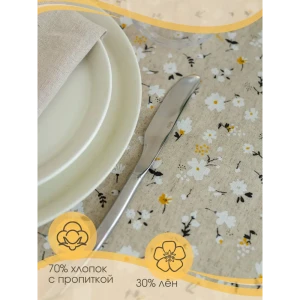91642536 Скатерть на стол с ВО пропиткой Colorprint Teflon Linen Daisy квадратная 140x138 см цвет бежевый/белый/желтый STLM-0823353