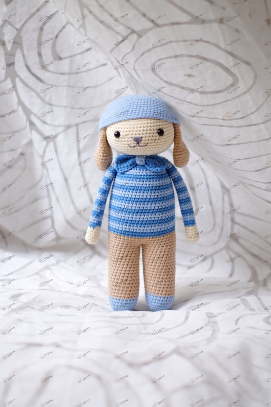 Игрушка Зайчик "Мореход" ALABUSHEK TOYS ВЯЗАНЫЕ ИГРУШКИ 017028 Синий;коричневый 