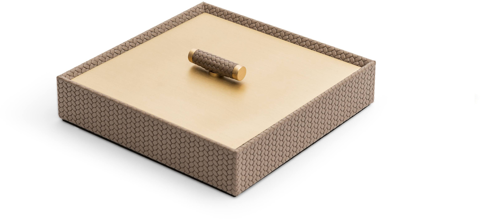 Iside Box - 17,6X17,6XH4,5 см / металлическая отделка_сатинированная латунь / плетеная кожа_кремовый