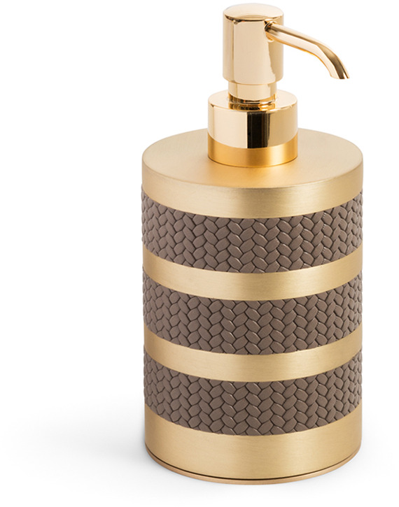 Дозатор для мыла Saturno - Ø 8XH17 см / металлическая отделка_сатинированная латунь / зернистая кожа_кофе