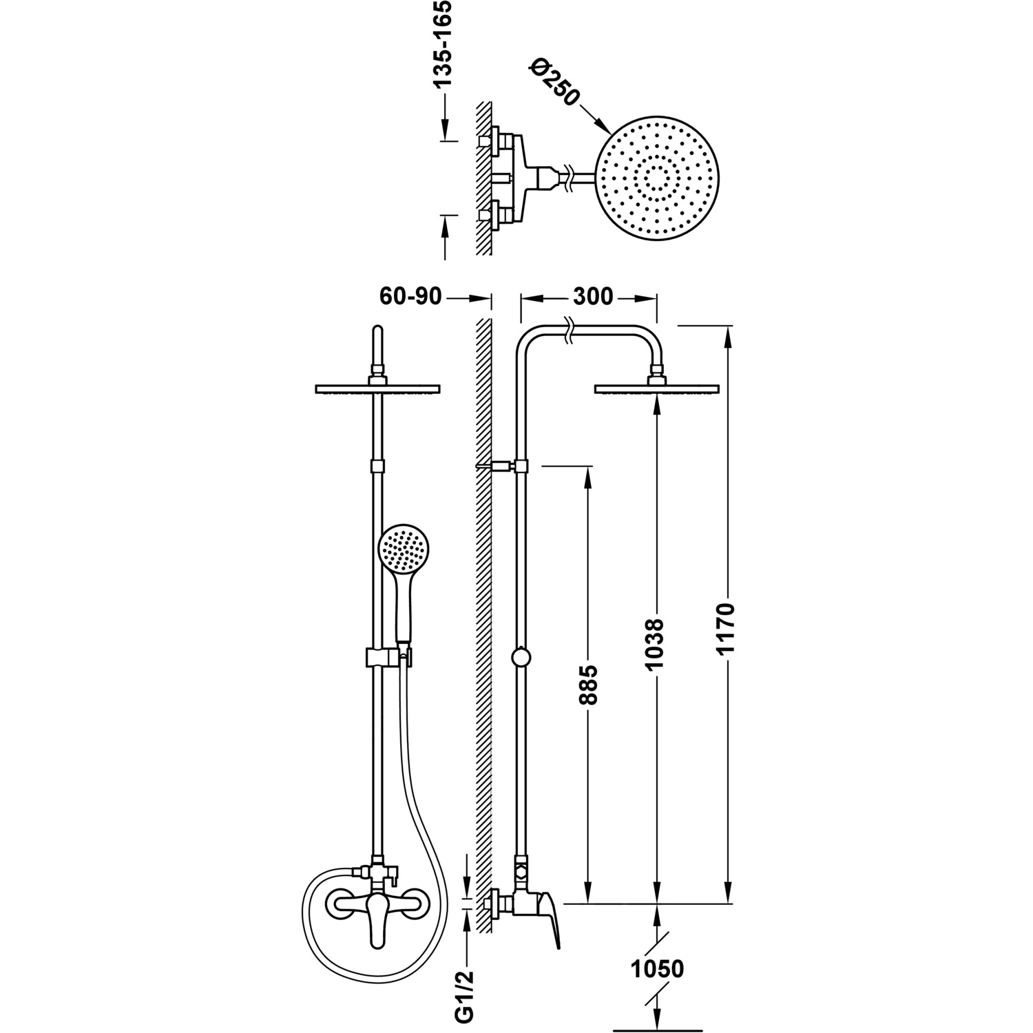 ОСНОВАНИЕ ПЛЮС 2-полосный настенный смеситель для душа с одной ручкой -21619110 TRES Base - Вид №1