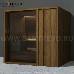 Effegibi YOKU.D105 SA.70200001 Сауна с правой дверью. Мощность: 10,5 кВт макс. Размеры: длина 230 см, ширина 200 см. Отделка: чёрный орех