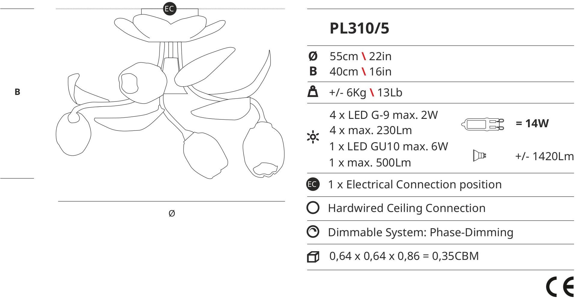 Serip Бронзовый потолочный светильник ручной работы Bouquet Pl310/5 - Вид №1