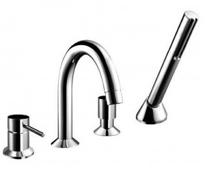 1865  Набортный смеситель для ваннывылет 19,5 см ручки на 4 отверстия переключатель на 2 потока с кнопкой ручная лейка SUN гибкий шланг 150 см впуски 1/2'' подводка Fantini Rubinetti CAFÈ