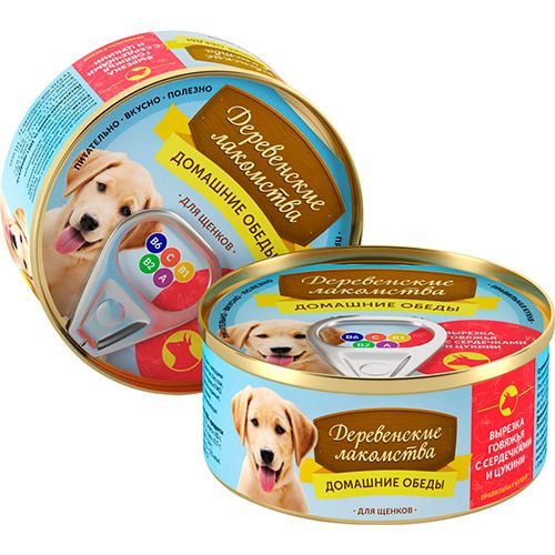 ПР0037808 Корм для щенков Домашние обеды Вырезка говяжья, сердечки, цукини конс.100г ДЕРЕВЕНСКИЕ ЛАКОМСТВА 