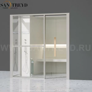 Effegibi LOGICAFILO H LO31020008 Хаммам. Установка: в правый угол. Левая дверь. Мощность: 4,5 кВт макс. Размеры: длина 214 см, ширина 250 см. Отделка: матовый лакированный белый аллюминий и серый ламинат из керамогранита.