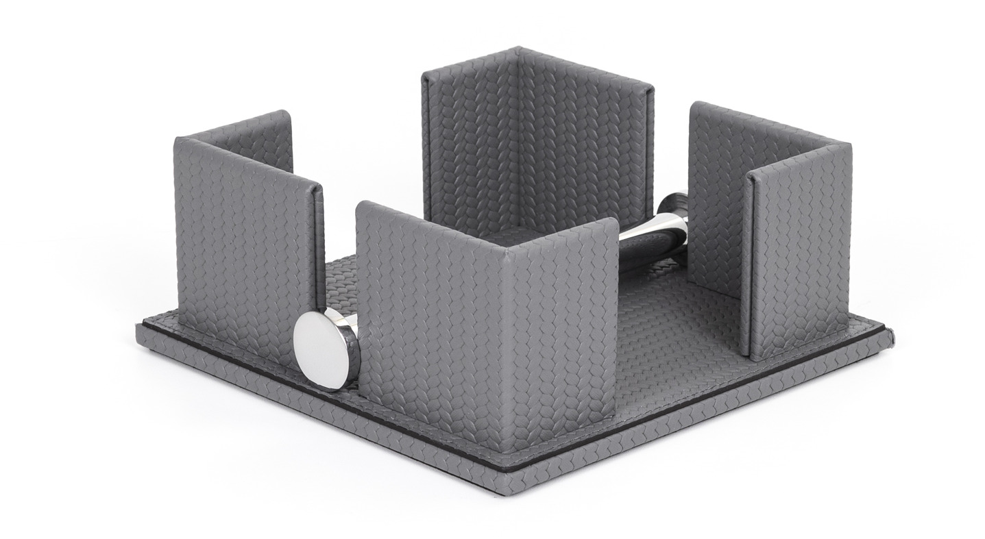 Салфетница - 16X16XH7 см / металлическая отделка_сатинированная латунь / плетеная кожа_серо-коричневый