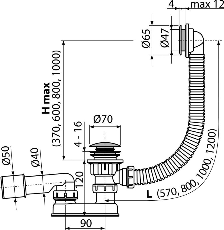 Сифон для ванны CLICK/CLACK, металл ALCAPLAST A505CKM - Вид №1